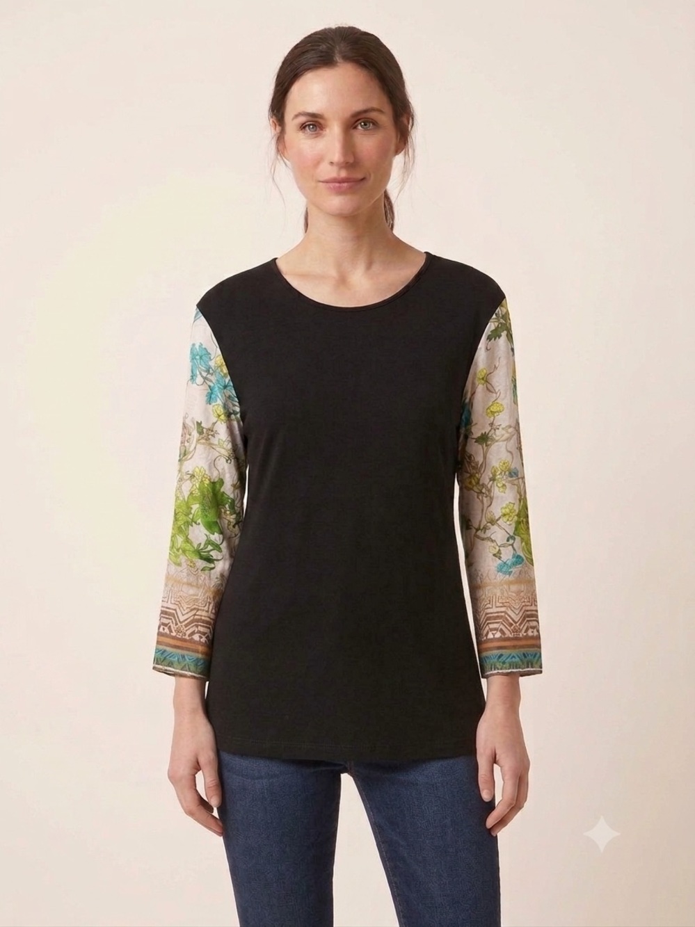 Johnny Was Calme Black Top with Floral Print Silk Long Sleeves